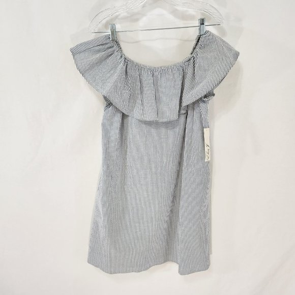 Eliza J Dresses & Skirts - Eliza J Off The Shoulder Ruffle Seersucker Dress  Striped Navy/White Size 8 NEW!